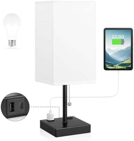 aooshine 17.4" White Bedside Table Lamp for Bedroom - USB C+A, 2 AC Outlets by Aooshine