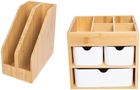 Bamboo Desk Organizer ＆ 2 Pack Bamboo File Folder Holder Set by Ninebendstreams