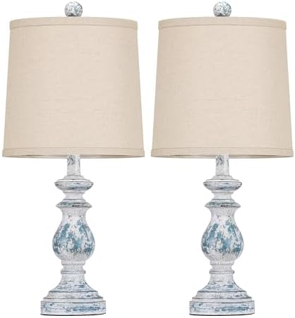 PARTPHONER Traditional Table Lamp Set of 2, Rustic Farmhouse Table Lamps for Living Room Bedroom, 22" Bedside Desk Lamps Vintage Nightstand Lamps with Linen Shades, Washed Blue - Image 2