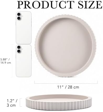 Modern Decorative Tray for Coffee Table, 11" Wooden Gray Beige Round Small Decor Tray for Candle, Perfume, Vanity, Kitchen Island Counter & Table Centerpiece - Image 3