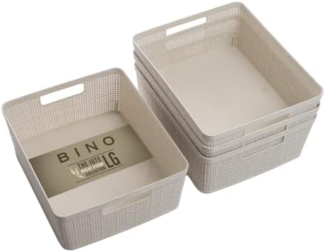 BINO - Woven Plastic Basket, Medium (Natural), 4-Pack, The Jute Collection, Home Organization, Space-Saving Storage, Stylish Design, Jute Basket by BINO