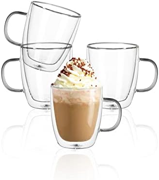 Sweese 12.5oz Borosilicate Glass Coffee Mugs Set of 4 - Double Walled, Clear Cups for Espresso, Latte, Tea by Sweese