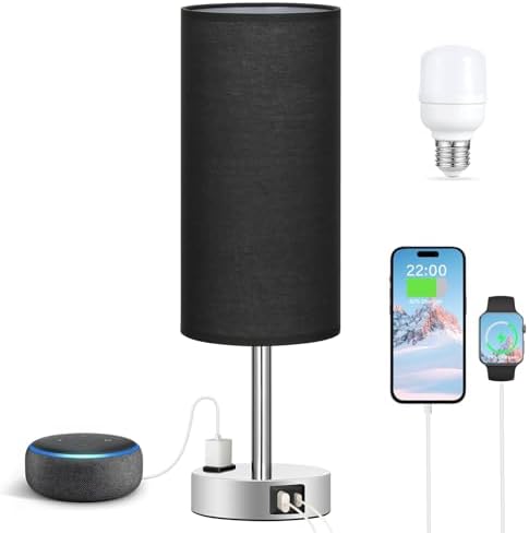Fenmzee Black Bedside Lamp for Bedroom, Dimmable Touch, USB A+C, AC Outlet - Image 6