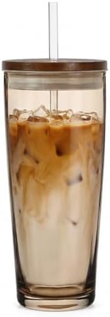 NIRA.Z Glass Tumbler with Lid and Straw 20oz, Ribbed Aesthetic Iced Coffee Glass Cup, Amber Drinking Glass with Wooden Lid, Reusable Straw Cup by NIRAZ