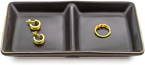 HANKOR Ceramic Jewelry Dish Tray, 2 Compartment Ring Dish, Decorative Trinket Tray for Rings, Earrings, Keys, Birthday Christmas Gifts, Black by HANKOR