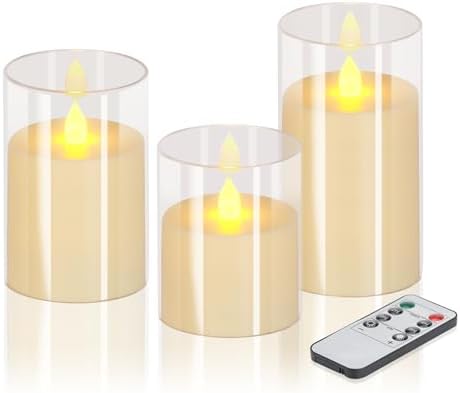 wemarry Flameless Candles 4" 5" 6" Acrylic Glass Pillars 3" Diameter Battery Operated Flickering Candles Include 8-Key Remote with Timer Function 400+ Hours (Pure White, Warm Light 3 Pack) by wemarry