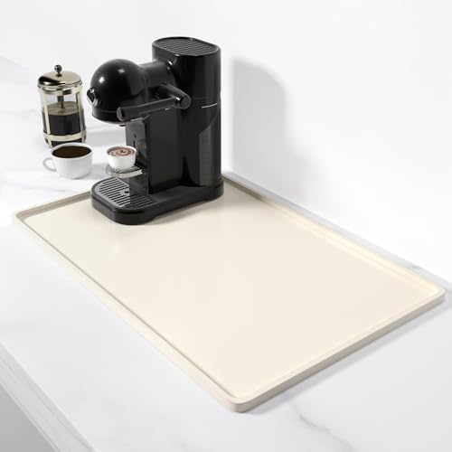 Rnivvi Silicone Coffee Mat, 12" x 19" Waterproof Raised Edge Coffee Bar Mats for Espresso Machine Station Accessories, Heat Resistant Dish Drying Pad for Kitchen Counter, Rubber Bar Decor Pad, Beige by Rnivvi