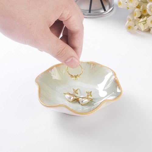 Ceramic Jewelry Dish Lotus Leaf Shape Jewelry Tray Decorative Trinket Plate Small Sauce Bowl Desktop Organizer for Earring Ring Bracelet Necklace, 1 Piece (Green) - Image 3