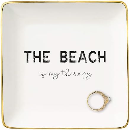 NZY Beach Life Gifts for Woman,Delicate Ceramic Jewelry Tray Gift for Lady,Seaside Lovers Present,Seaside Travel Lovers Present- Trinket Holder Ring Dish-The Beach Is My Therapy by NZY