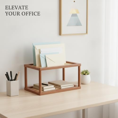 Natural Bamboo Desktop Organizer Rack, Vertical File & Mail Sorter for Office Desk or Kitchen Counter, Sturdy Open Shelf Storage (Brown) - Image 2
