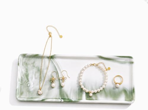 8″ x 3.7″ Inch Ceramic Vanity Tray, Decorative Rectangular Organizer for Bathroom Countertop, Dresser Top, Kitchen & Bathtub, for Soap, Perfume, Candle, Jewelry & Cosmetics (Marble-Green) by BLESWIN