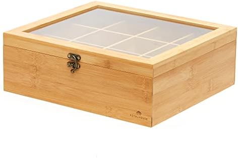 Natural Bamboo Tea Storage Organizer, Clear Acrylic Top, 12 Compartments - Image 4