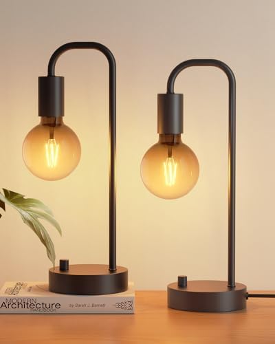 ONEWISH Industrial Table Lamp Set of 2, Fully Dimmable Beside Lamp with Gradient Black Art LED Bulb, Modern Nightstand Desk Lamps for Bedroom, Living Room, Office, Reading(Bulb Included) by onewish