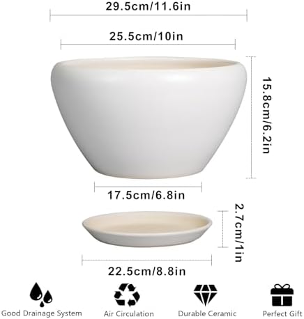 Ceramicfor Ceramic Planter for Indoor Plants - 11 Inch Plant Pot with Drainage Hole and Saucer Decorative Round Large Planter Pot for Plants Outdoor Flower Pot for Garden White - Image 3