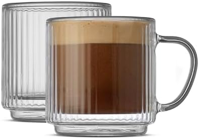 JoyJolt Haven Stackable Fluted Glass Mugs Set of 2, 5.5oz Ribbed Double Wall Glass Coffee Mugs, Stacking Insulated Coffee Cup Set also for Espresso Shot Tea Latte Macchiato Cappuccino by JoyJolt