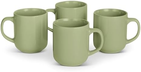 Amazon Basics Glazed Stoneware Coffee and Tea Mugs, Ceramic 4-Piece Set, 16 oz, Microwave, Freezer and Dishwasher-Safe, Stain-Resistant, Olive by AmazonBasics