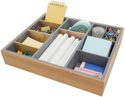 Office Drawer Organizer, Bamboo Desk Drawer Organizer with 4 Removable Dividers, Desk Organizers and Accessories with 10 Adjustable Compartments for Office Home Gray by Hitseon