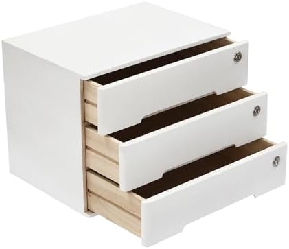 Wooden Desktop Storage Box with Lockable Drawers, Flat File Cabinet Drawer Desktop Storage Box, Countertop Storage Cabinet for Office Home Toiletries Supplies Vanity (White, 3 Drawer) by LKOEWQZAMX