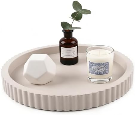 Modern Decorative Tray for Coffee Table, 11" Wooden Gray Beige Round Small Decor Tray for Candle, Perfume, Vanity, Kitchen Island Counter & Table Centerpiece by Unknown