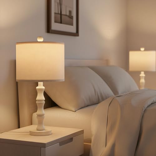 BOBOMOMO 20.5" Farmhouse Bedside Lamps Set of 2, Vintage Nightstand Lamps with Antique White Resin Base & Linen Shade, Small Table Lamps for Bedroom, Living Room, Nursery & Light Neutral Home Décor - Image 2