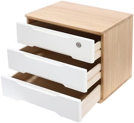 Wooden Desktop Storage Box with Lockable Drawers, Flat File Cabinet Drawer Desktop Storage Box, Countertop Storage Cabinet for Office Home Toiletries Supplies Vanity (natural wood+white, 3 Drawer) by LKOEWQZAMX