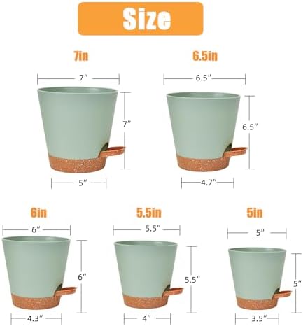 Vanslogreen Planters for Indoor Plants 7/6.5/6/5.5/5 Inch, Self Watering Planters with Drainage Holes and Saucers 5 Pack Plastic Pots for Plants, Succulents, Herbs, Cactus, Flower Pots, Green - Image 3