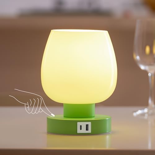 ONEWISH Touch Bedside Table Lamp with USB Charging - 3 Way Dimmable Small Glass Lamp for Bedroom, 2700K LED Bulb Included, Green, 2 Packs - Image 6