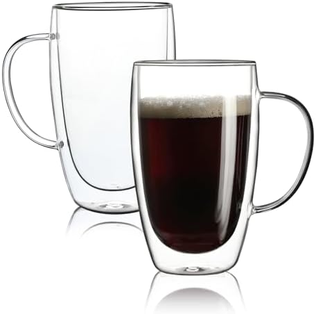 Aurzen 2 Pack Double Walled Glass Coffee Mugs with Handles, Large Insulated Layer Coffee Cups, 15oz Clear Borosilicate Mugs, Perfect for Cappuccino, Tea, Microwave Safe by Aurzen