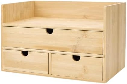 AHANDMAKER Bamboo Desk Organizer, Desktop Drawer Organizer Countertop Storage Box for Home Office Makeup Letter File Storage Organization, No Assembly Required (3 Drawers with Shelf) by AHANDMAKER