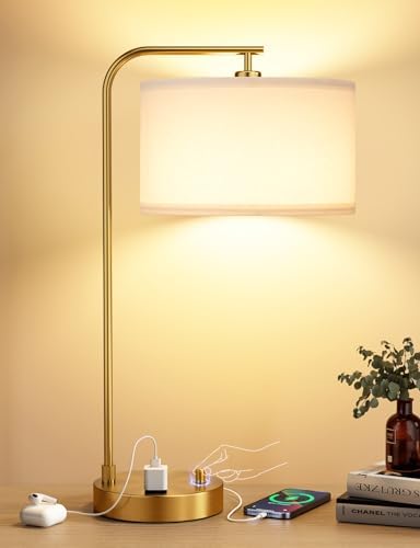 20.7" Gold Table Lamp with USB & Outlet, Fully Dimmable Nightstand Lamp by Innqoo