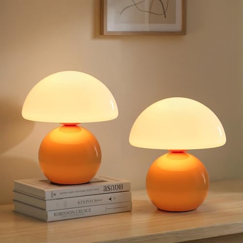 NIORSUN Mushroom Lamp Table Lamp for Bedroom, Portables Cordless Table Lamps Set of 2,Wireless lamp,Bedside Tables Touch for Living Room,Mini Mushroom 5200mAh Battery Operated Lamps Modern Orange by NIORSUN
