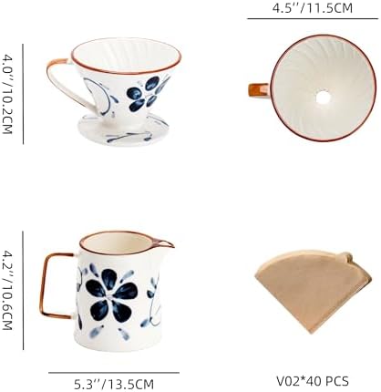 Pour Over Coffee Maker,Ceramic Coffee Maker With 40 pcs Paper Filter，15oz/450ml Pour Over Coffee Dripper (Blue and white, V02) - Image 3