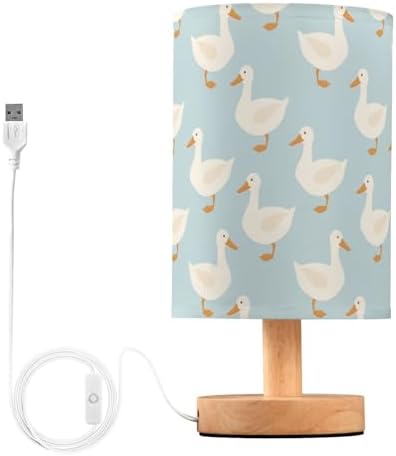 Cute Hand Draw White Duck Doodle Table Lamp for Bedroom USB Port Lamps Small Accent Table Lamp Nightstand Lamp Sturdy Linen Shade Wooden Base Decorative Lamps for Bedside Reading|Kids|Dorm|Home by Fustylead