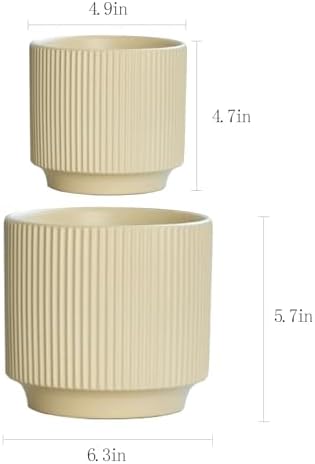 Ceramic 4.9+6.3 inch Planters, Modern Home and Office Flowerpot, Indoor and Outdoor Flowerpot with Drainage Hole (Light Yellow) - Image 2