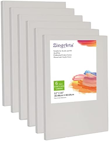 Canvases for Painting 12x16Inch 6-Pack,100% Cotton Primed Painting Canvas Panels, Stretched Canvas Boards is for Professionals,Students & Kids, for Acrylic Paint, Oil, Watercolor, Gouache by ZingArts