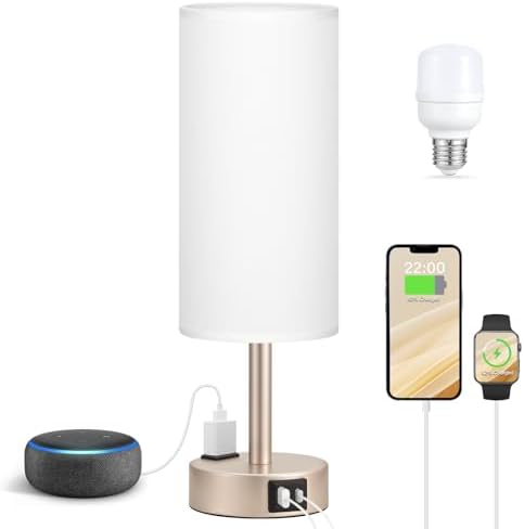 Antique White Bedside Table Lamp, Dimmable Touch Lamp, USB A+C, AC Outlet by Fenmzeelighting