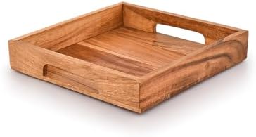 Samhita Acacia Wood Serving Tray with Handles,Wooden Serving Tray, Snack Tray, Breakfast Tray, Great for, Breakfast, Coffee |Size- 10" x 10" x 1.75" by Samhita