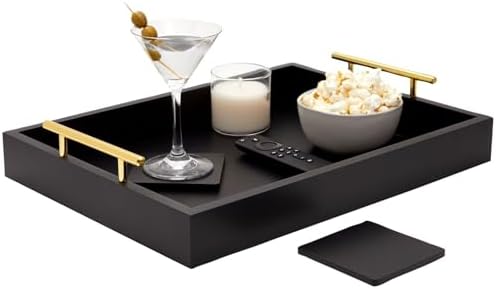 Juvale Wooden Serving Tray - 15.7 x 11.8 x 3.1 in, Black Rustic, Includes 2 Coasters - Decorative Tray with Interchangeable Gold & Silver Handles - Sofa & Ottoman Use, Coffee Table Decor by Juvale