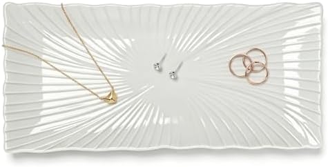 Ceramic Jewelry Tray - Fan-Shaped Groove Trinket Dish - Rectangular Porcelain Organizer for Necklaces, Rings, Earrings - Decorative Vanity Tray for Bedroom, Bathroom & Dresser by ABMax