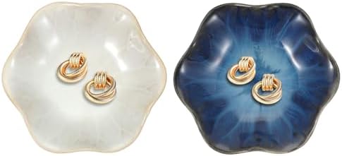 uxcell 2Pcs Ceramics Jewelry Plate, Lotus Leaf Shape Key Holder Bowl for Entryway Table Decor Small Ring Tray Dish Gift for Women Girlfriend, Blue/White by uxcell
