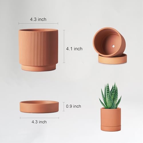 HERDUK Small Modern Terracotta Pots, 4.2 Inch Ribbed Textured Clay Planter Pots with Drainage Hole & Saucer, Garden Pots for Indoor Plants Succulent, Cacti & Fern, Set of 2 - Image 2