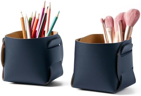 HOMIEAZICOZI 2-Pack Cork Leather Desk Accessories Storage - Pencil Pen Holder - Makeup Brush Holder Organizer - Stylish Addition to Home Decor (Dark Blue) by HOMIEAZICOZI