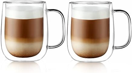 CNGLASS Large Double Wall Glass Coffee Mug 15.2oz,Clear Insulated Glass Espresso Cup with Big Handle,set of 2 by CNGLASS