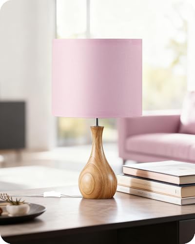 Pink Table Lamp, 14.2" Small Bedside Lamp, Modern Nightstand Lamp with Pink Linen Lampshade & Wood Bottle-Shaped Base, E26 Socket, Cute Desk Lamp for Girl's Room, Bedroom, MP09TL05 by GOEBLESON