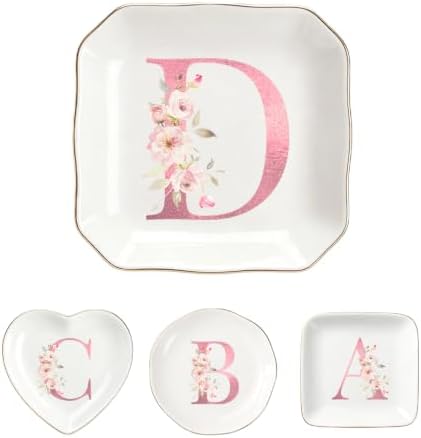 Personalized Initial Ceramic Jewelry Dish, Pink Floral Gold Rim Ring Holder Tray, Custom Monogram Trinket Dish, Gift for Women Mom Bridesmaid, Birthday Mother's Day Present by Unknown