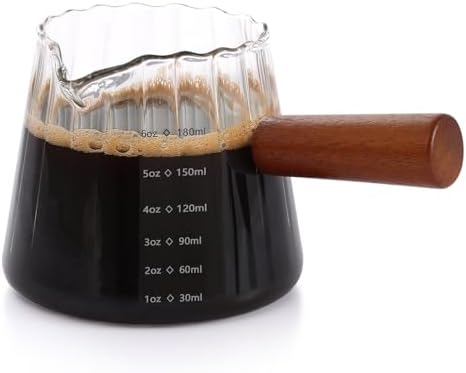Espresso Cups 6 OZ, V-Shaped Spouts Cups, Espresso Shot Glasses with Wood Handle, Ribbed Milk Measuring Cup by iziusy