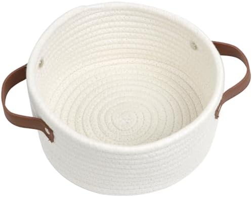 Small Woven Basket, Mini Cotton Rope Storage Basket with Leather Handle by Togous