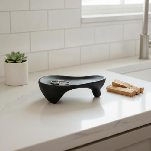 Small Item Catch-All Tray for Rings and Keys, Geometric Ceramic Organizer Dish with Raised Edges, Modern Minimalist Decor for Nightstand or Entryway (Black/White) - Image 2