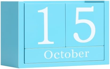 Wooden Block Calendar for Desk, Large Size Daily Desktop Perpetual Desk Calendar, Cute Date Display Desk Accessories for Home Office Decor, Teacher, Classroom, Reusable Yearly, Blue by DEERINE