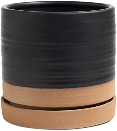 HERDUK 6 Inch Plant Pots, Ceramic Planter Pot with Drainage Hole & Saucer, Indoor/Outdoor Cylinder Round Planter Pot, Matte Black & Brown by Herduk